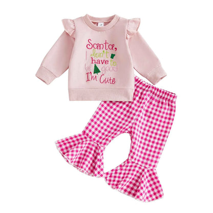Infant Girls Christmas Outfit Set with Embroidered Letters Pullover and Plaid Bell Bottoms - 2 Piece Holiday Ensemble