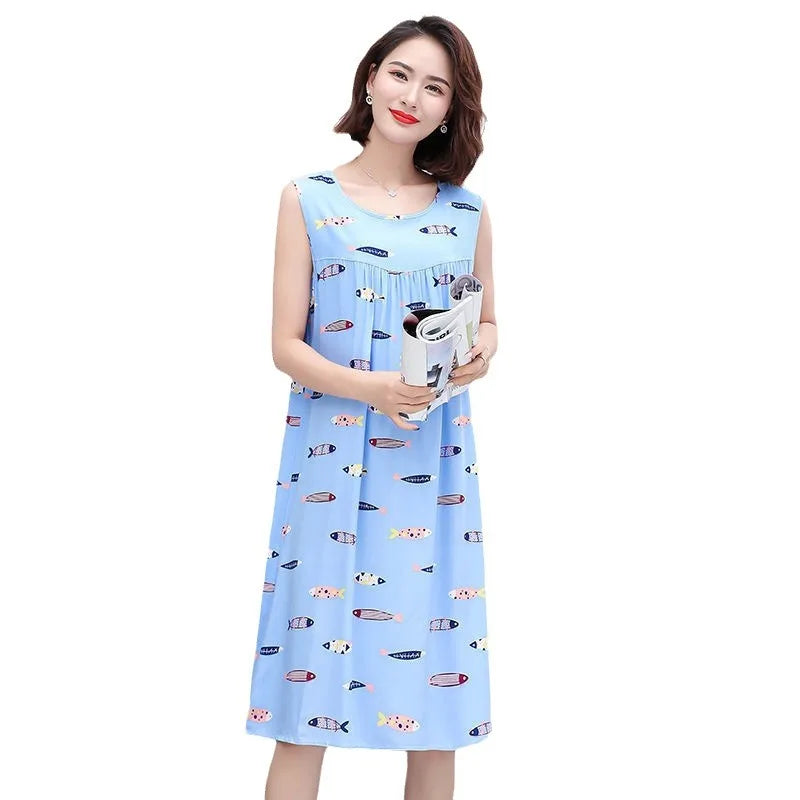 Summer Middle-Aged and Elderly Cotton Silk Nightgowns Pajamas Women's Dresses Large Size Mother's Casual Nightgowns Homewear - AMULET RING STORE