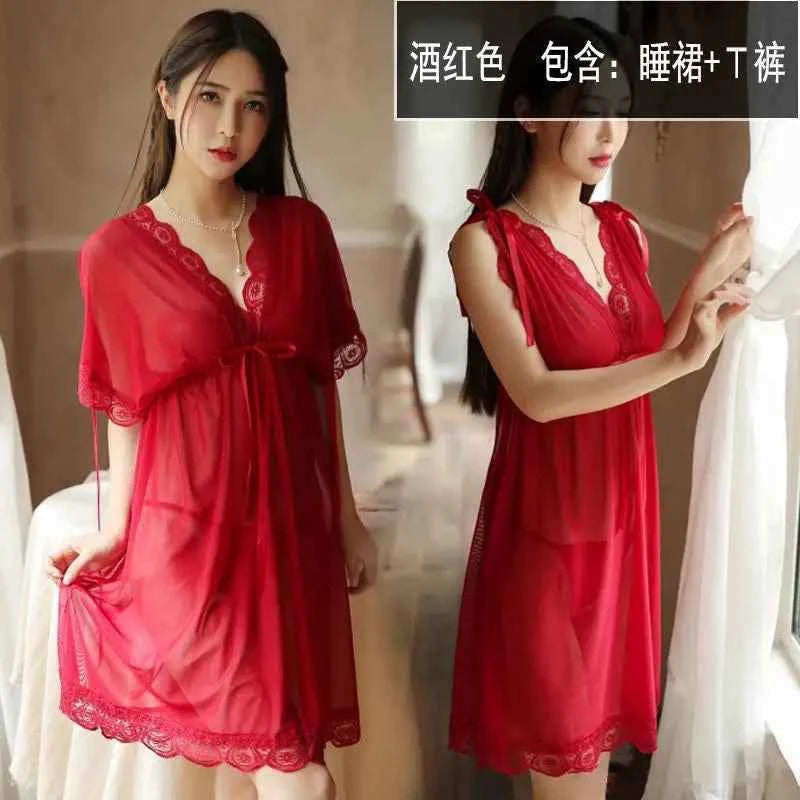 Sexy Sleepwear Women V-neck Nightgown Sexy Nightdress Lace Mesh Pajama Loungewear Summer Dress Nightwear Night Wear