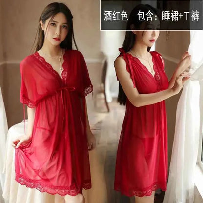 Sexy Sleepwear Women V-neck Nightgown Sexy Nightdress Lace Mesh Pajama Loungewear Summer Dress Nightwear Night Wear