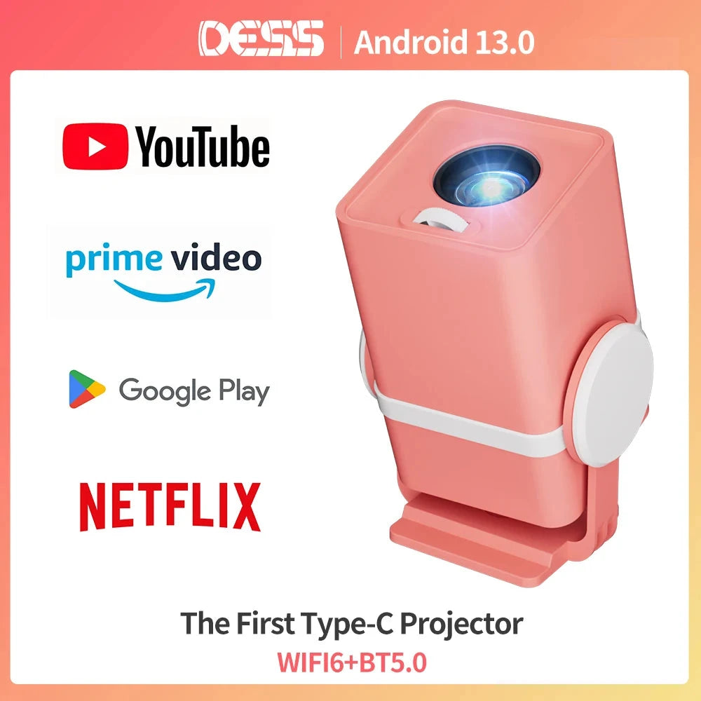 DESS Projector 4K Mini Portable Build-in Apps WIFI6 Mirror SmartPhone For 4K Video Home Cinema Projector Outdoor Rotatable 180°