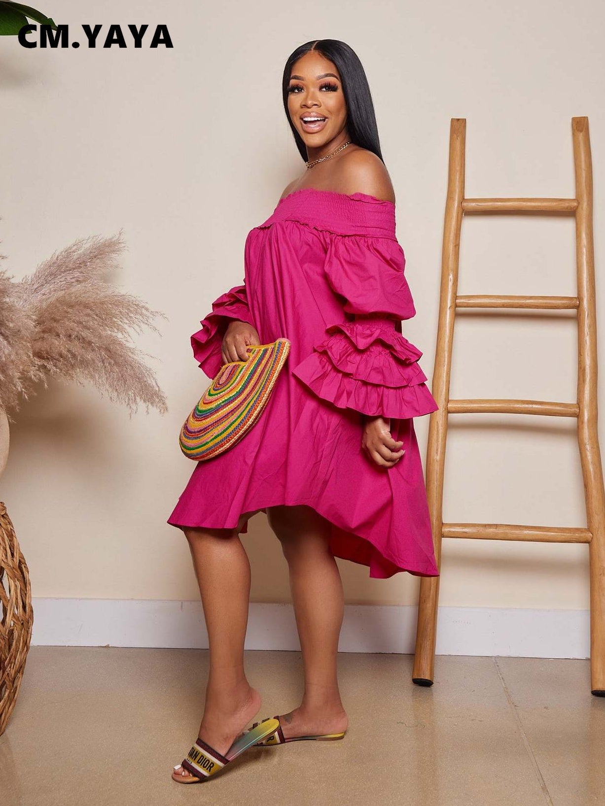 CM.YAYA Chic Women Cascading Ruffles Petal Off Shoulder Long Sleeve Smock Dress 2022 Big Swing Loose Blouse Sundress Vestidos - AMULET RING STORE