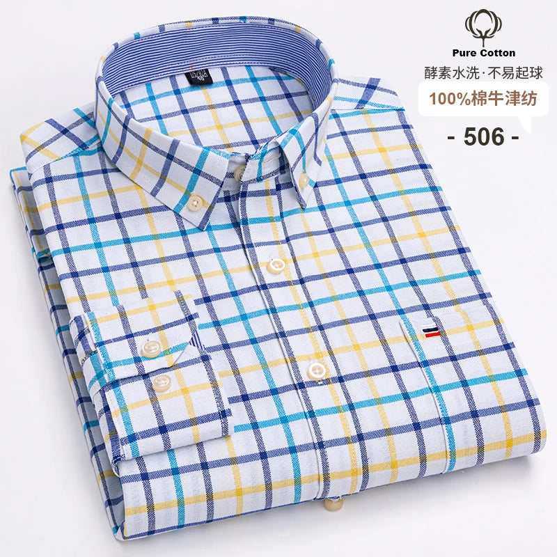 100% Cotton Oxford Men's Shirts Long Sleeves Plaid Soft Regular Fit Formal Dress Shirt Pocket Social Blouse Male Clothes S-7XL