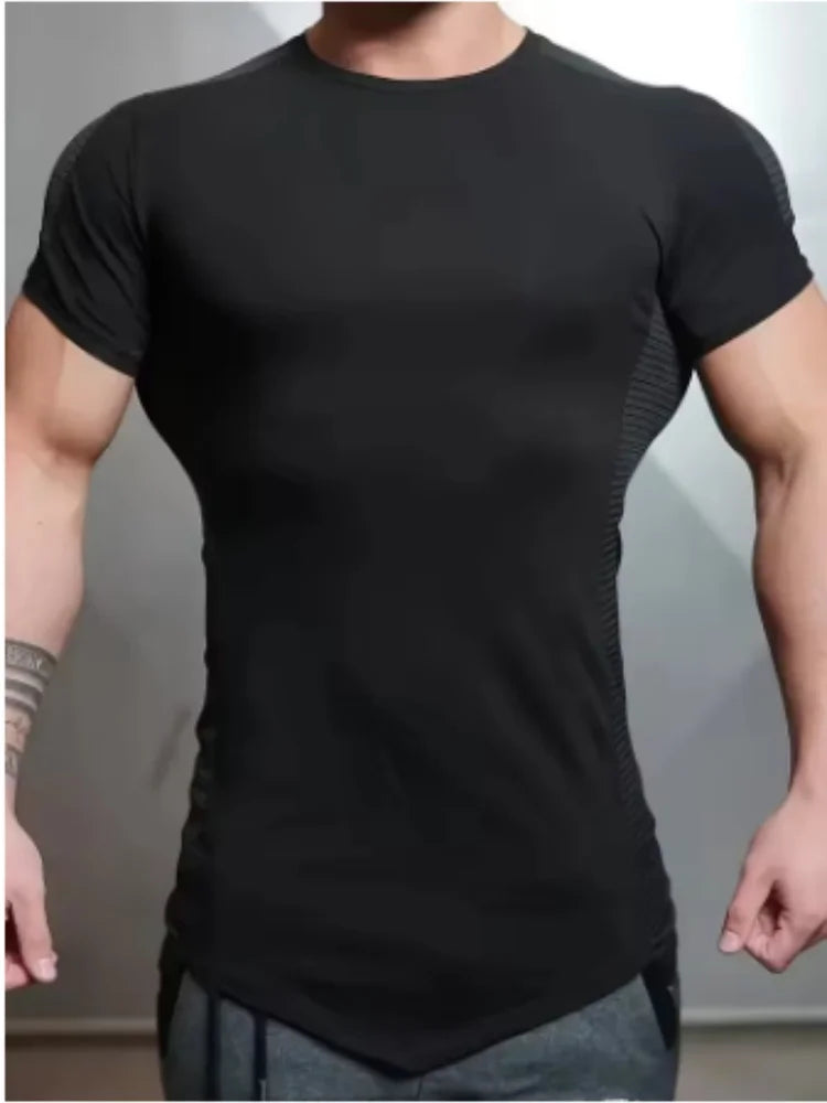 2025 Male Fitness T-shirt Summer Men's Athleisure Workout short sleeve T-shirt Compress quick-dry Men T-shirt Gym Sports Tops - AMULET RING STORE