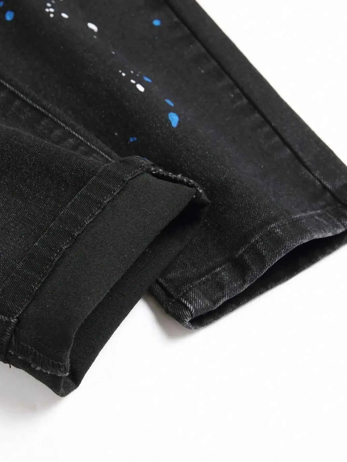 Men y2k Stretchy Skinny Denim Jeans For Men Casual pants Ripped Patchwork Hole Slim Fit Denim Hip Hop Black Straight Trousers