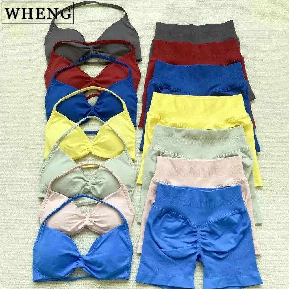WHENG Gym Set 2 Piece Women Strappy Yoga Bra Top Workout Scrunch Shorts Sports Suit Fitness Clothes Seamless Yoga Set
