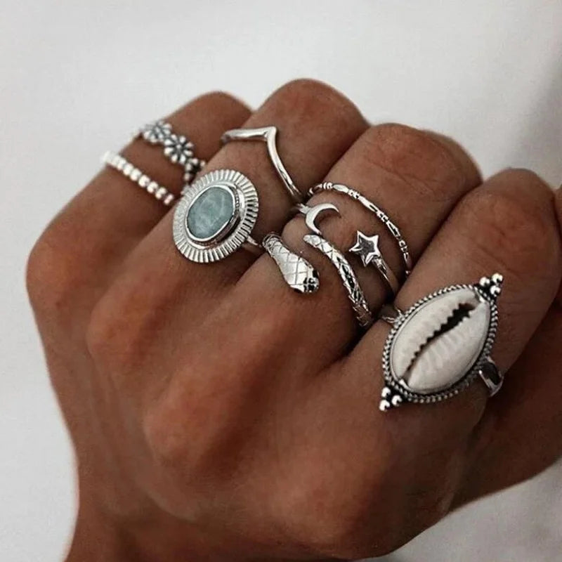 Antique Star Moon Snake Flower Shell Ring Set for Women Ethnic Style Creative Party Jewelry Accessories Custom Jewelry
