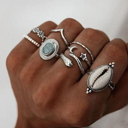 Antique Star Moon Snake Flower Shell Ring Set for Women Ethnic Style Creative Party Jewelry Accessories Custom Jewelry