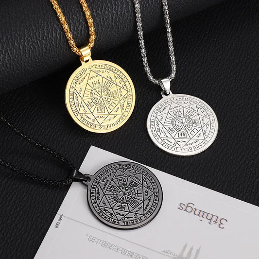 Stainless Steel 7 Archangel Seal Necklace Solomon Kabbalah Seal Pendant for Men Personality Charm Amulet Jewelry