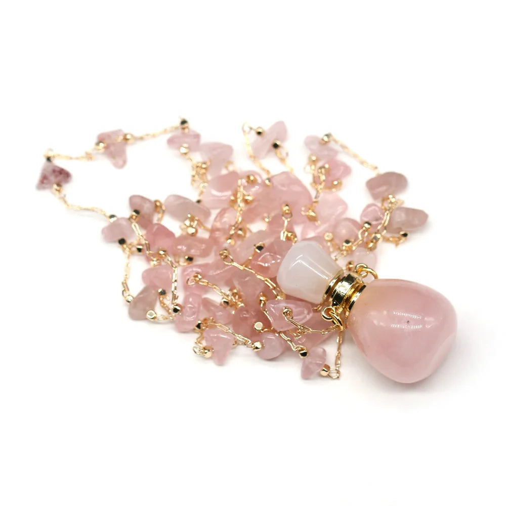 Natural Stone Rose Quartz Perfume Bottle Essential Oil Diffuser Reiki Healing Exquisite Necklace Jewelry Gift - AMULET RING STORE