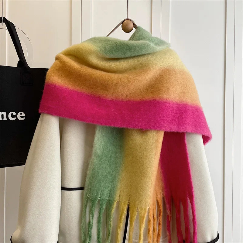 New Fashion Mohair Stripted Tassel Scarf Women Autumn Winter Korean Version Thickened Warm Soft Female Shawl Colorful Muffler