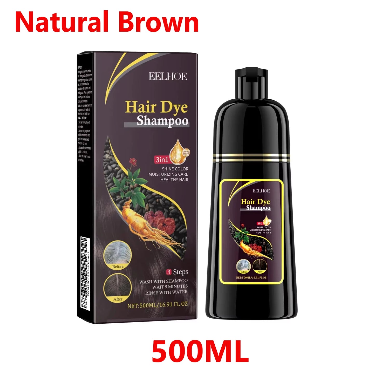 500ml Natural Herbal Hair Dye Shampoo 3 in 1 Change Hair Color Gray Hair to Dark Brown Black Deep Nourishing Fashion Hair Care - AMULET RING STORE