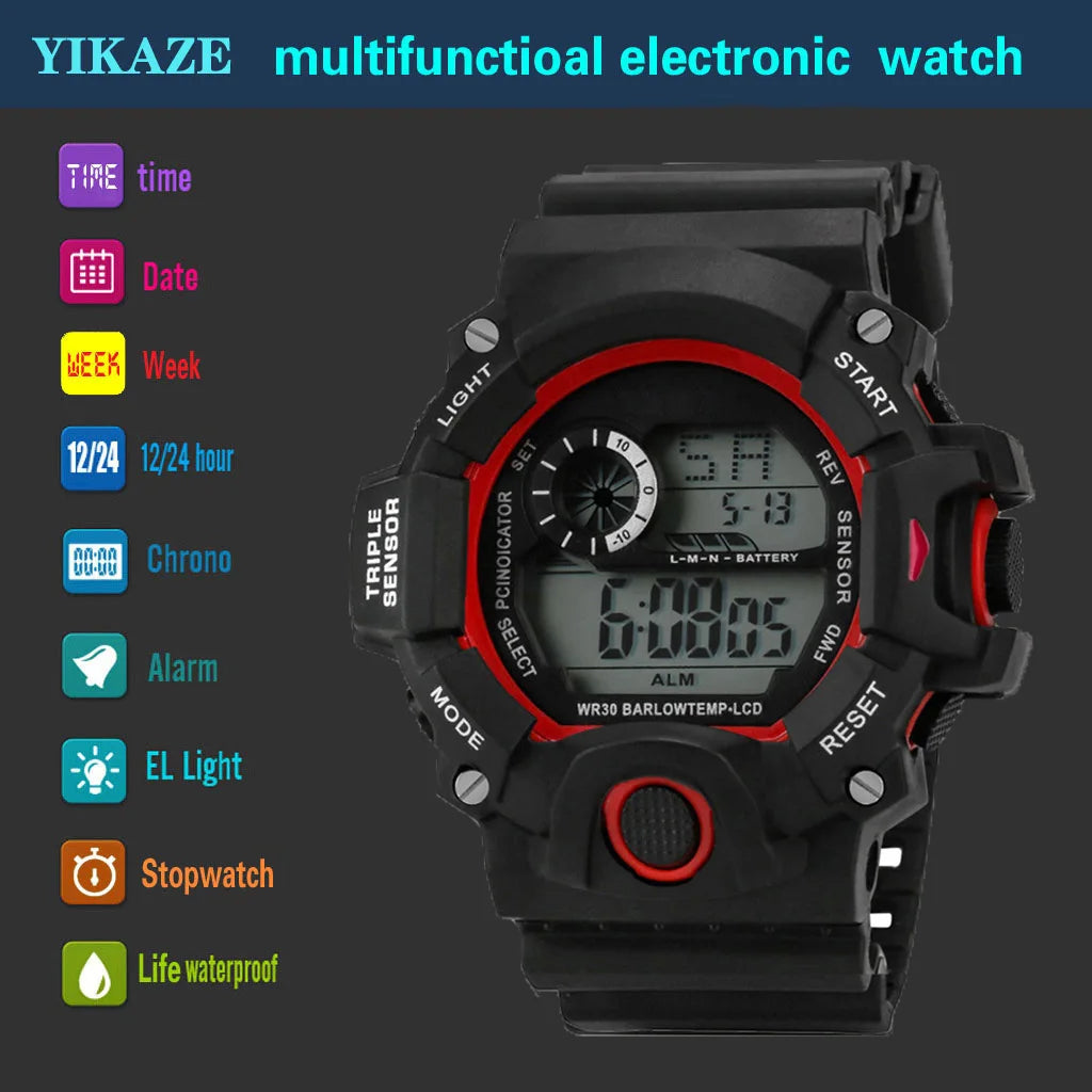 Fashion Men's Watch Sports Electronic Wristwatch Large dial Multifunctional Waterproof Luminous Alarm Kids Male's Military Watch - AMULET RING STORE