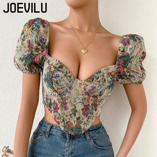 Vintage Print Bubble Short Sleeve Blouse Victorian Inspired Corset Vest Sexy Backless Boned Crop Top Women's Fashion Summer Tank - AMULET RING STORE