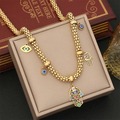 316L Stainless Steel New Fashion Fine Jewelry Colourful Eyes Palms Charm Hollow Thick Chain Necklace Bracelet Earrings For Women - AMULET RING STORE