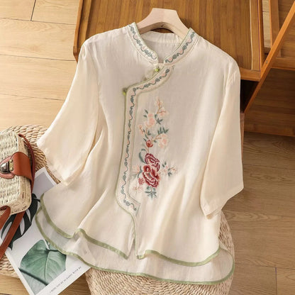 Casual Loose Blouse Shirt Women Clothes Summer Cotton Linen Ladies Tops Tee Blusas Vintage Embroidery Woman Shirt Camiseta Mujer