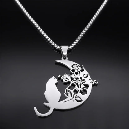 Aesthetic Cat Flower Moon Crescent Necklace for Women Men Stainless Steel Silver Color Bohemia Chain Gift Jewelry collar 3220