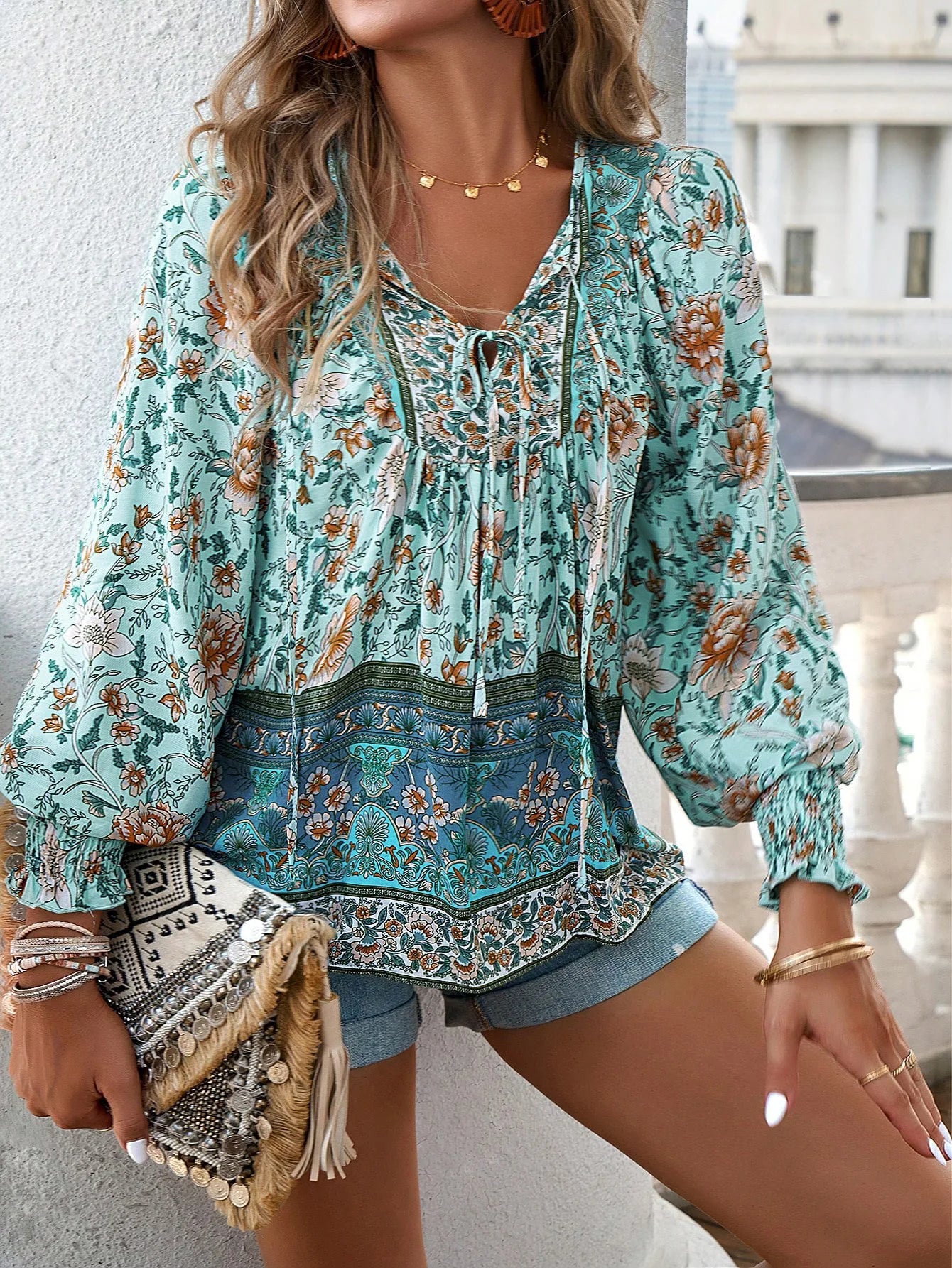 2024 Summer Fashion New Women's Elegant Casual Printed V-neck Shirt with Bubble Sleeves and Loose Commuting Style Top - AMULET RING STORE