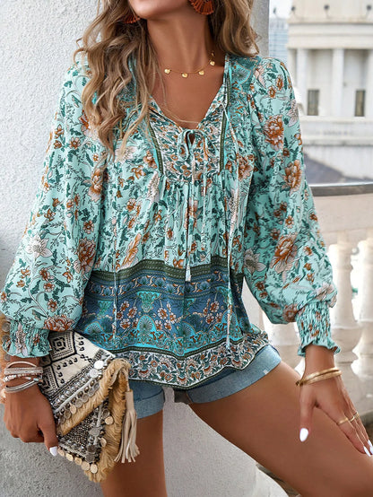 2024 Summer Fashion New Women's Elegant Casual Printed V-neck Shirt with Bubble Sleeves and Loose Commuting Style Top - AMULET RING STORE