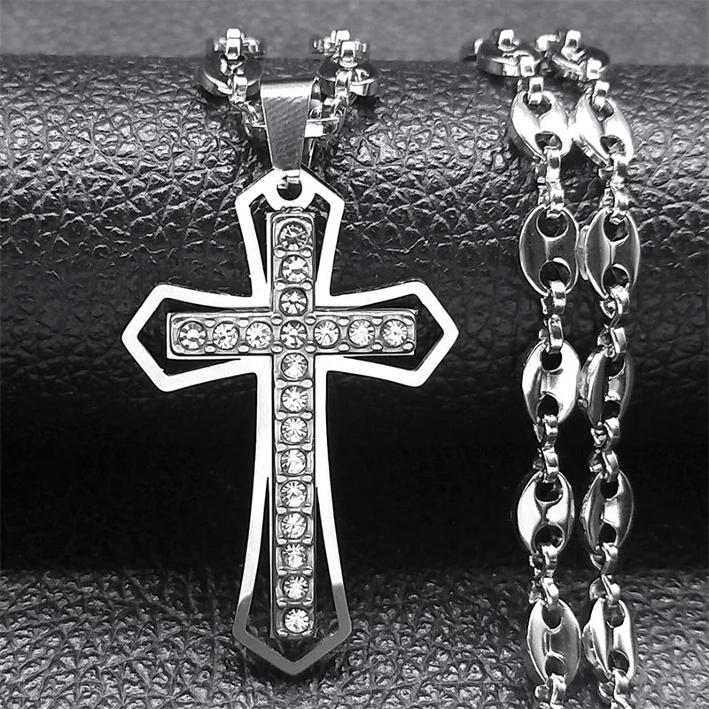 Jesus Cross Crucifix Pendant Necklace for Men Stainless Steel Gold Color Christian Coffee Bean Chain Jewelry croix chrétienne - AMULET RING STORE