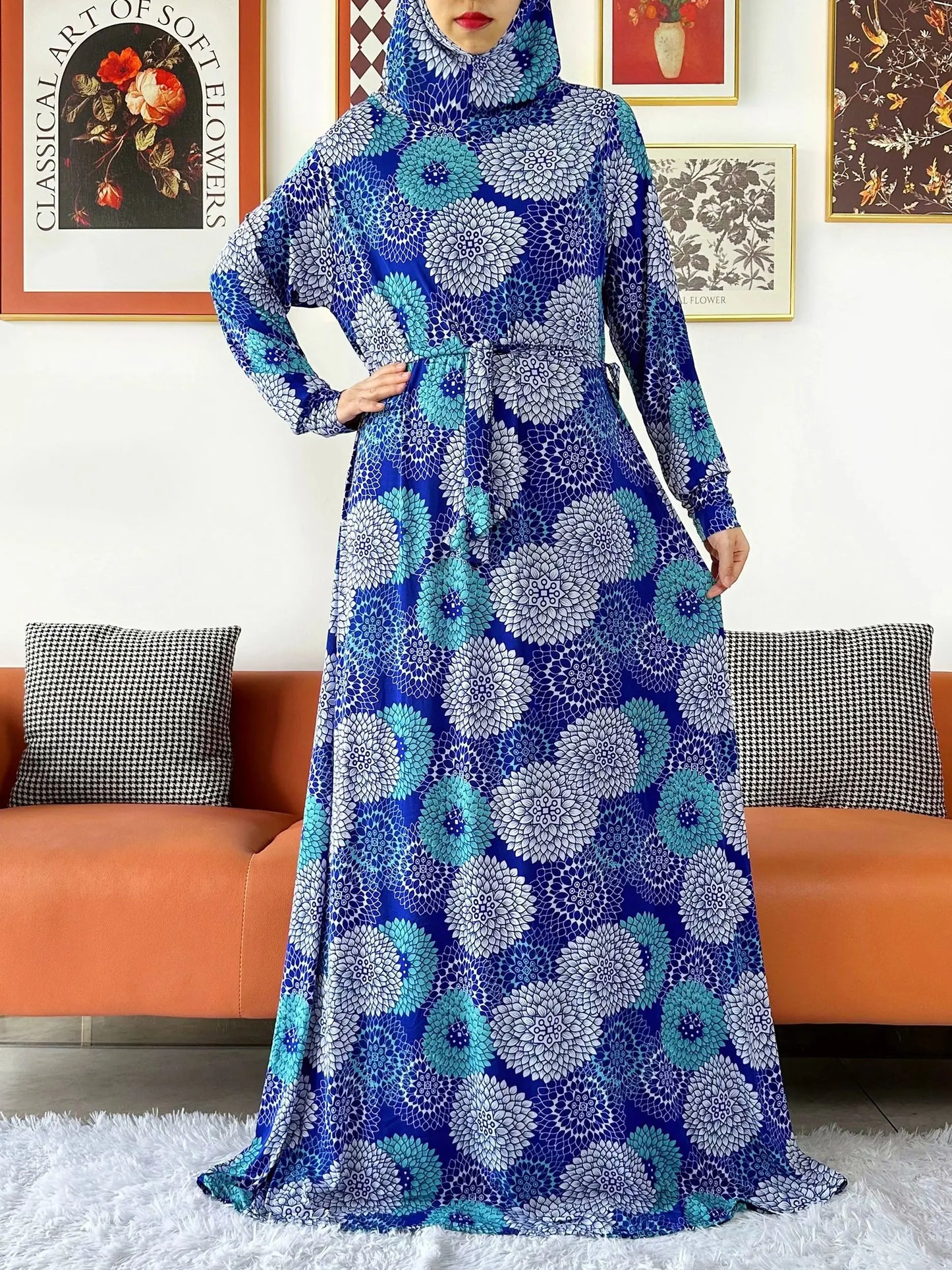 2025 Floral Ramadan Muslim Dress Solid Color Khimar Kaftan Abaya Robe with Attached Hijab Middle East Prayer Garment for Women - AMULET RING STORE