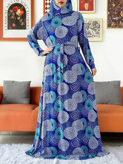 2025 Floral Ramadan Muslim Dress Solid Color Khimar Kaftan Abaya Robe with Attached Hijab Middle East Prayer Garment for Women - AMULET RING STORE