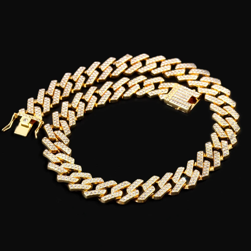 Iced Out Bling AAA Rhinestones Prong Cuban Link Chain Men's Necklace 2 Row Crystal Curb Cuban Chain Hip Hop Jewelry 13/14/20MM - AMULET RING STORE