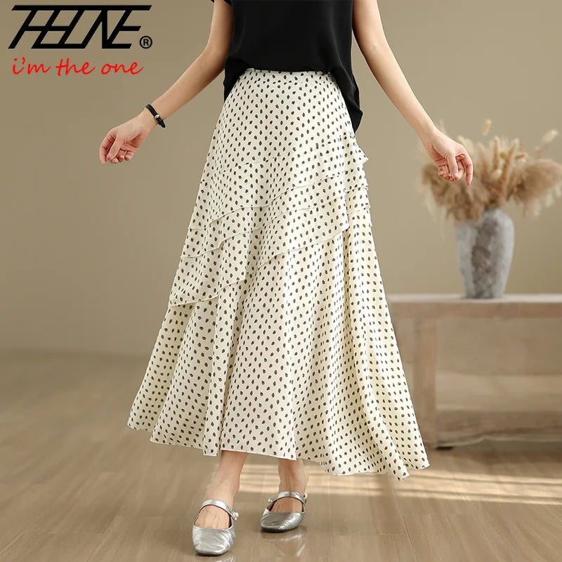 THHONE Summer Skirt Women 2025 High Waist Loose Fashion Vintage Dot Casual Korean Style Elegant A-line Skirts Women's Clothing