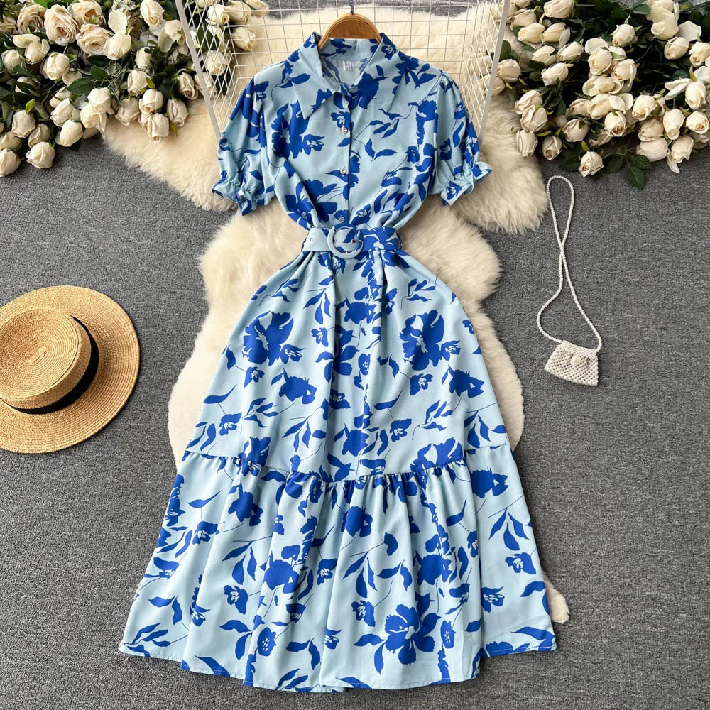 YuooMuoo Women Dress 2025 Summer Fashion Lady Elegant Vintage Floral Print Long Shirt Dress with Belt Vintage Party Robe Femme