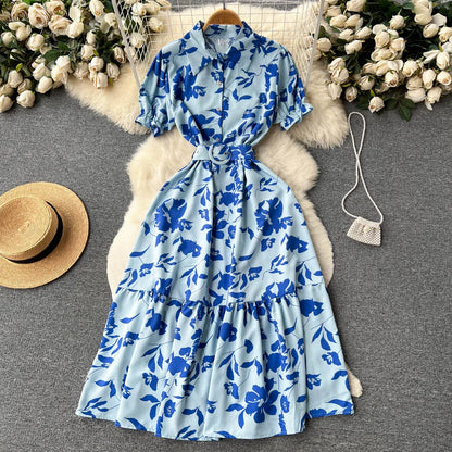 YuooMuoo Women Dress 2025 Summer Fashion Lady Elegant Vintage Floral Print Long Shirt Dress with Belt Vintage Party Robe Femme
