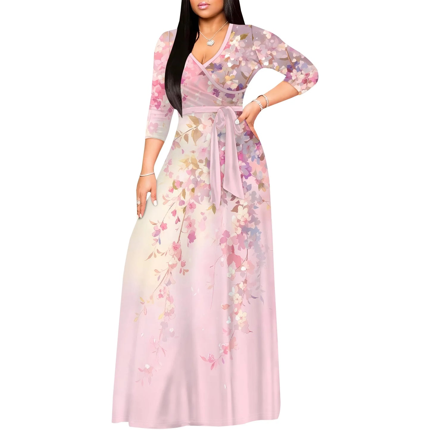 Floral V-Neck 3/4 Sleeve Wrap Maxi Dress with Belt - Women's Bold Elegant Party Evening Resortwear Date Night