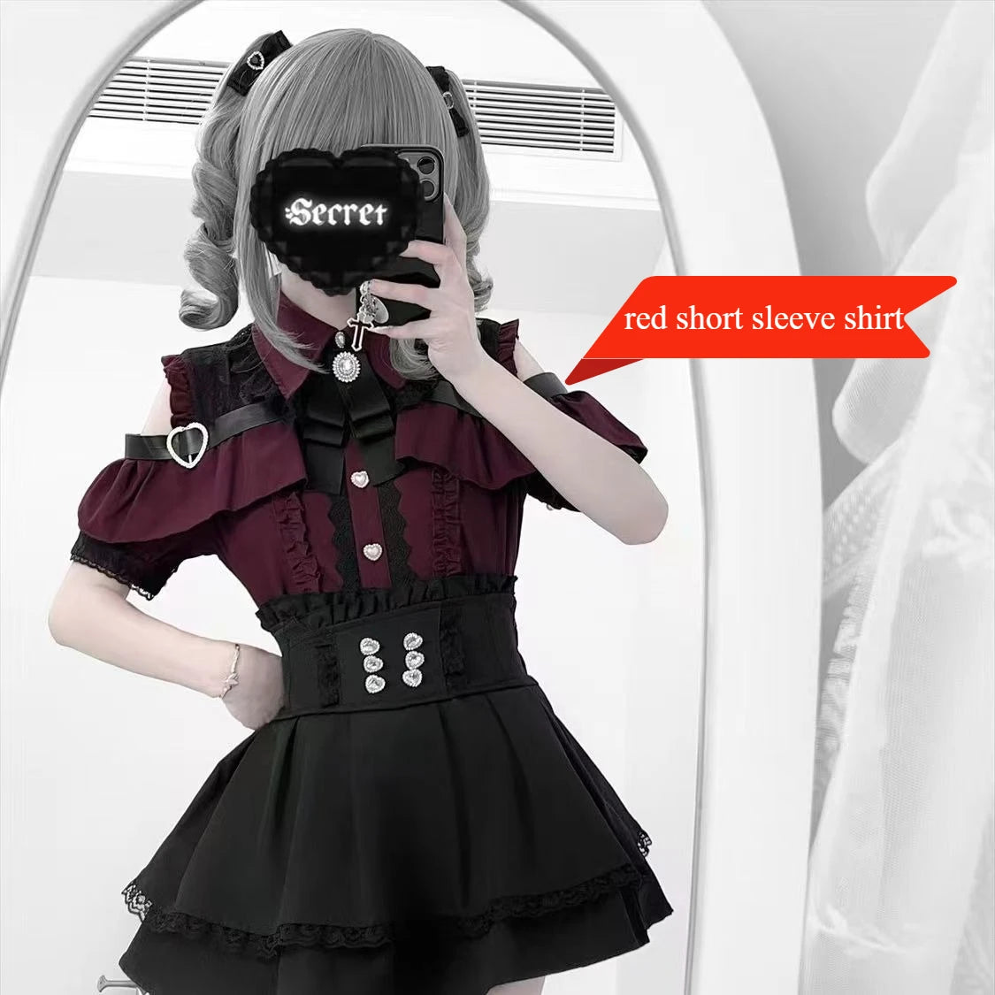 Sweet Gothic Lolita Two Piece Set, Off Shoulder Blouse + High Waist Skirt, Kawaii Tri-color Lace Coord Outfit for Women & Teens