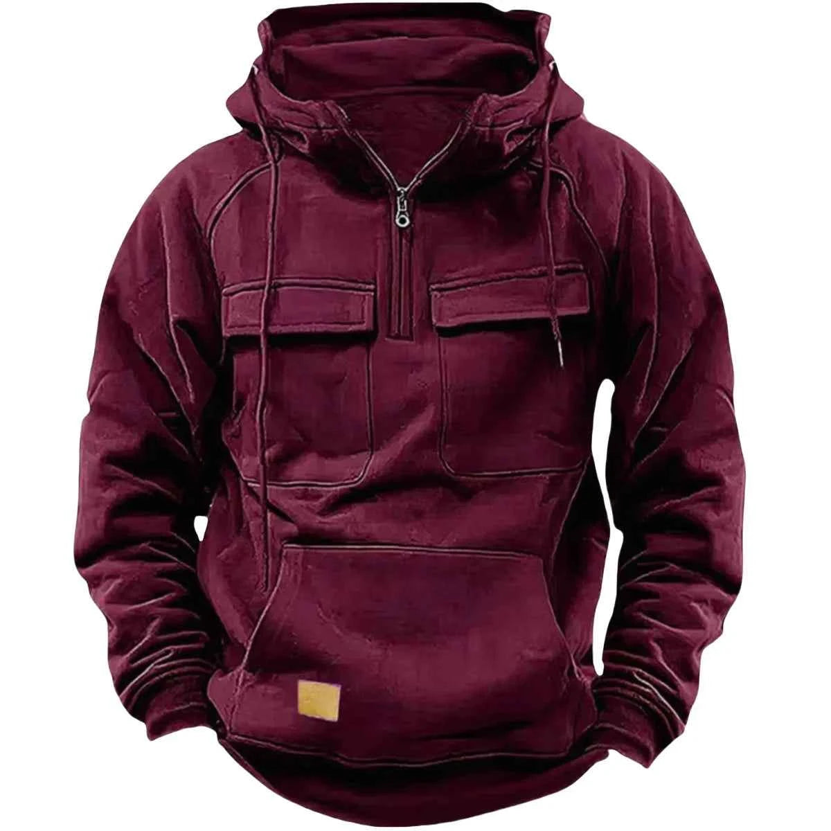 Men's half-zip tactical hooded sweatshirt, solid-color warm fleece workwear style sweatshirt, men's multi-pocket hooded jacket