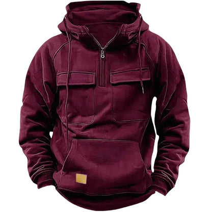 Men's half-zip tactical hooded sweatshirt, solid-color warm fleece workwear style sweatshirt, men's multi-pocket hooded jacket