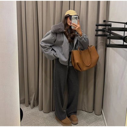 Solid Twill Denim Jacket Women Chic Patchwork Fur Collar Lapel Full Sleeve Zipper Pockets Loose Coat Lady Commute Street Wear