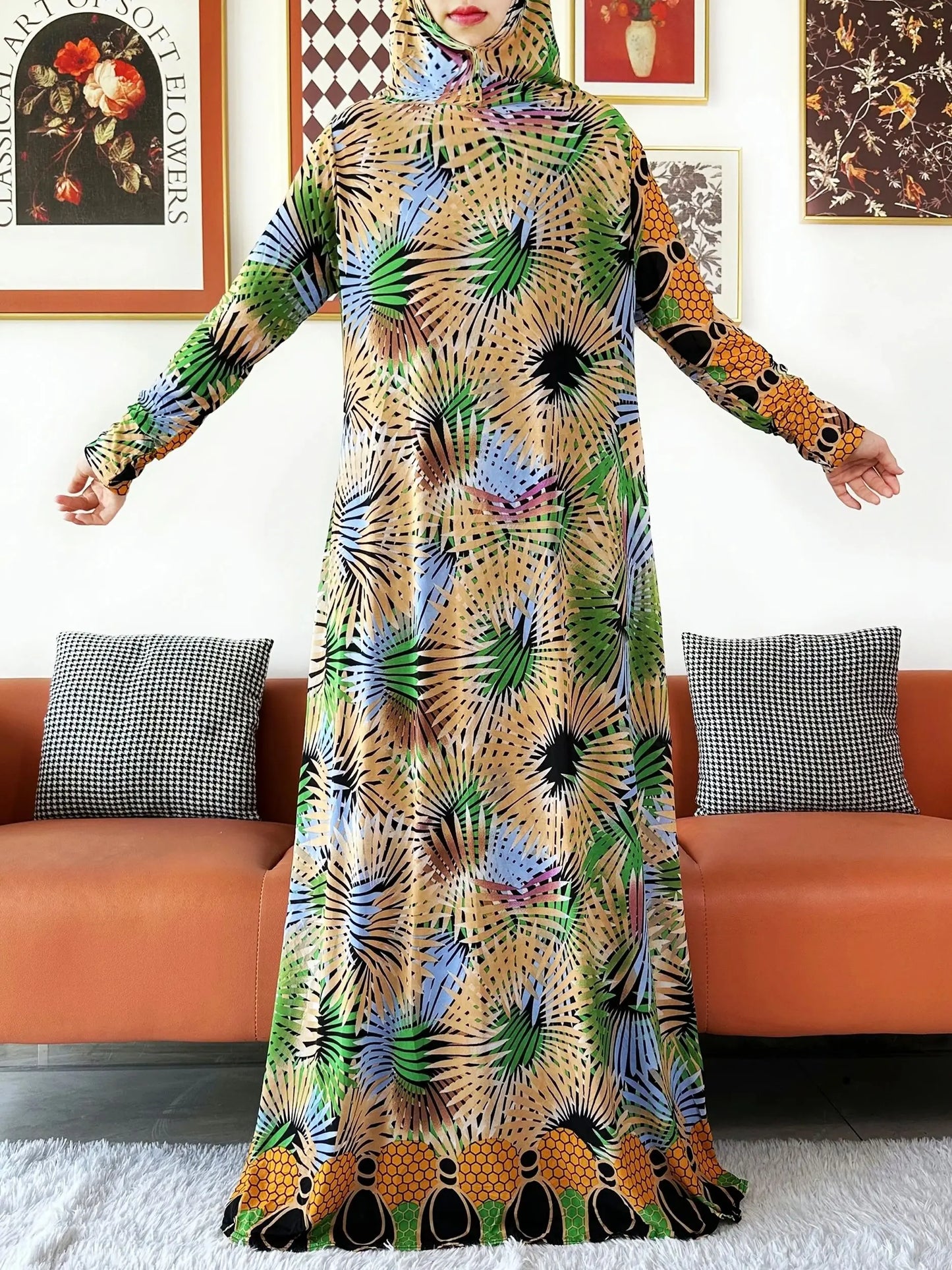 2025 Floral Ramadan Muslim Dress Solid Color Khimar Kaftan Abaya Robe with Attached Hijab Middle East Prayer Garment for Women - AMULET RING STORE