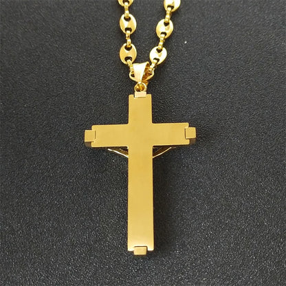 Jesus Cross Crucifix Pendant Necklace for Men Stainless Steel Gold Color Christian Coffee Bean Chain Jewelry croix chrétienne - AMULET RING STORE