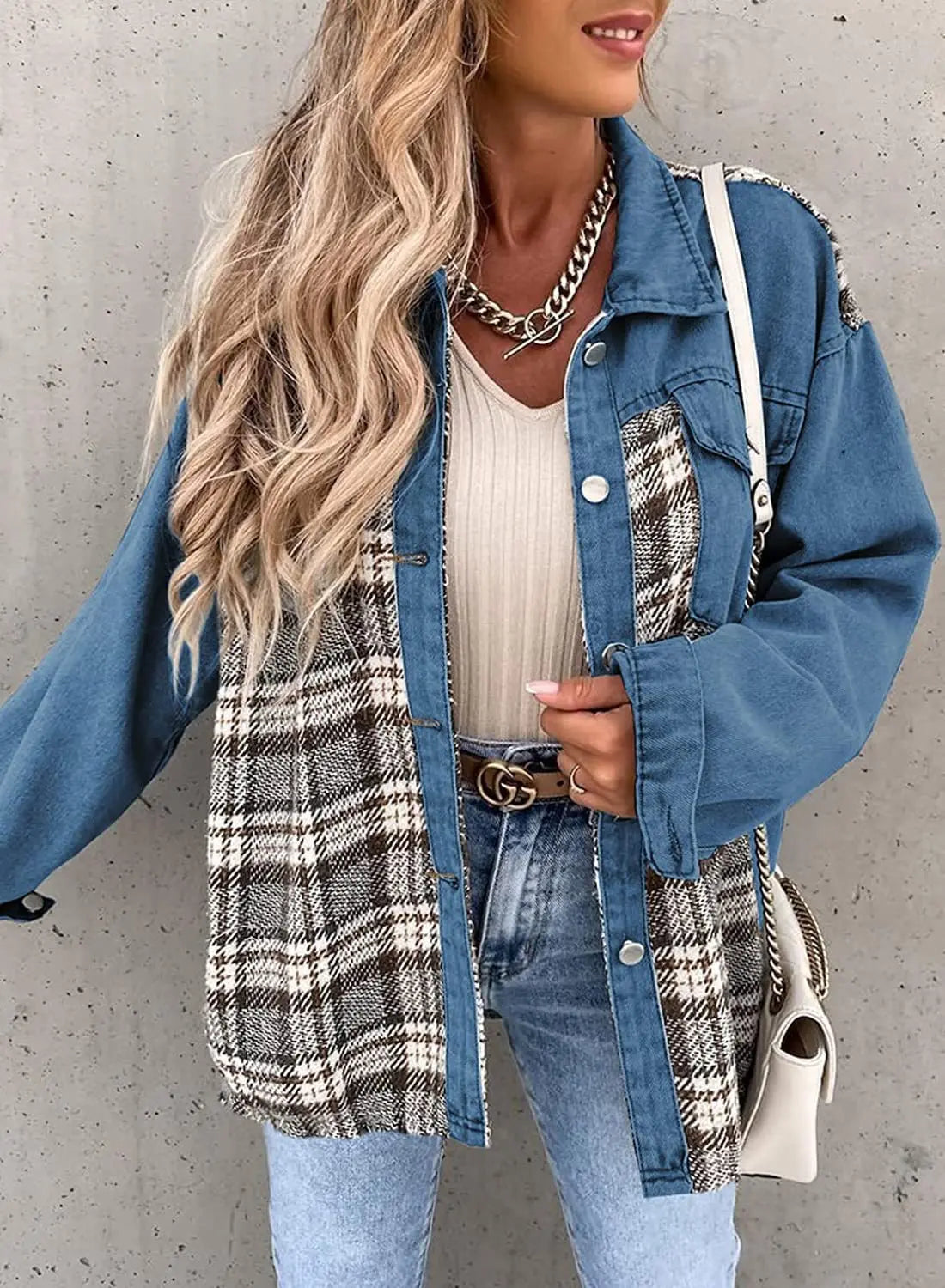 Autumn and Winter Long Sleeved Plaid Color Block Shaking Button Shirt Collar Denim Jacket for Women - AMULET RING STORE