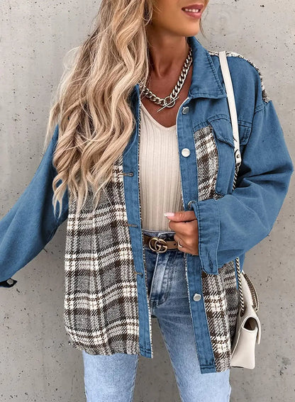 Autumn and Winter Long Sleeved Plaid Color Block Shaking Button Shirt Collar Denim Jacket for Women - AMULET RING STORE