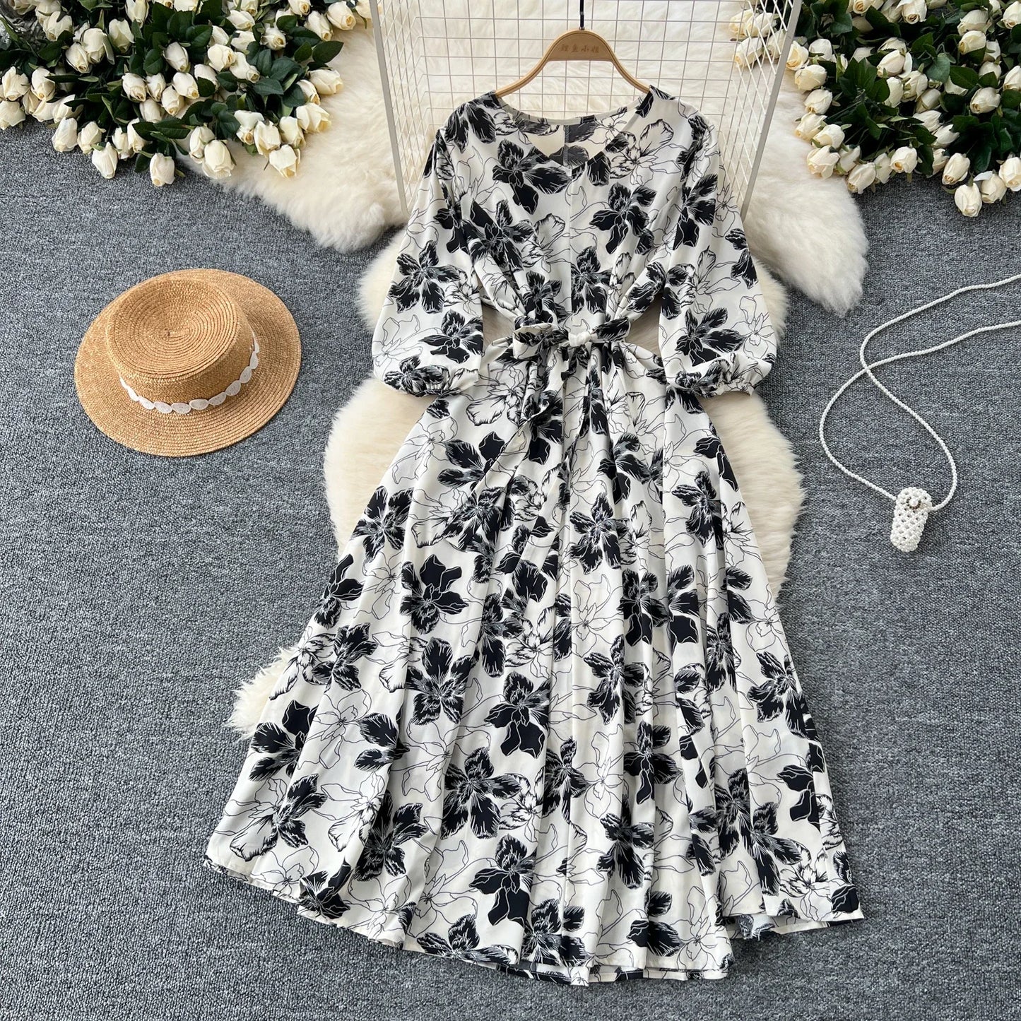 Elegant Boho Floral Print Floral Pleated Maxi Long Dress Female V Neck Puff Sleeve Belt Dresses Women Summer Dress Robe