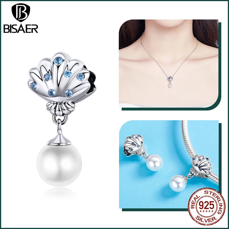 BISAER 925 Sterling Silver Charm Ocean Style Fish Dolphin Mermaid Shell Blue CZ Bead For Necklace&Bracelet DIY Fine Jewelry Gift - AMULET RING STORE
