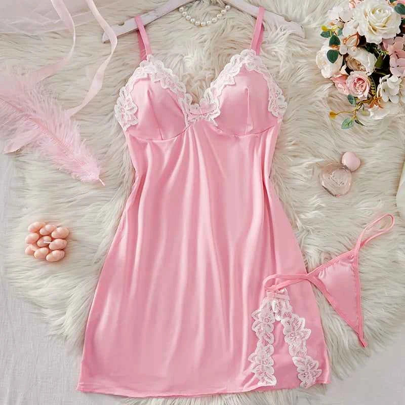 Deep V Women Nightdress Light Purple Sexy Adult Lace Bow Temptation Lingerie Gentle Erotic Clothing Dress Babydoll Underwear Set