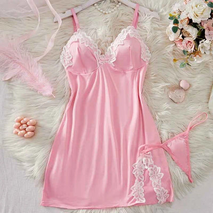 Deep V Women Nightdress Light Purple Sexy Adult Lace Bow Temptation Lingerie Gentle Erotic Clothing Dress Babydoll Underwear Set