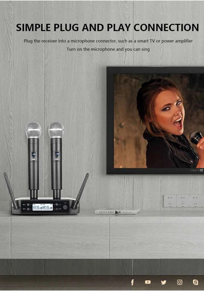 Wireless Microphone Handheld Dual Channels UHF Fixed Frequency Dynamic Mic For Karaoke Wedding Party Band Church Show