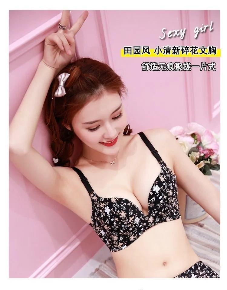 Women Flower Print Seamless Bra Sexy Lingerie Floral Push Up Bras One-Piece Underwear - AMULET RING STORE