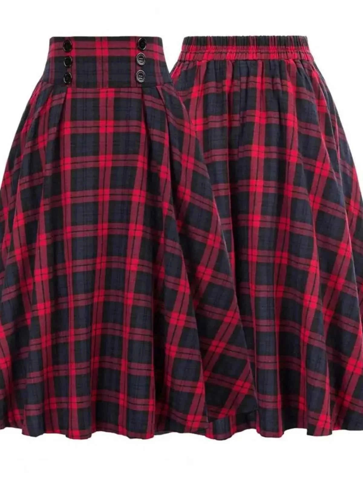 High Waist Plaid Swing Skirt Faionable Large Flounce Midi Skirt Women's Premium Clothing A-Line Silhouette Umbrella Skirt