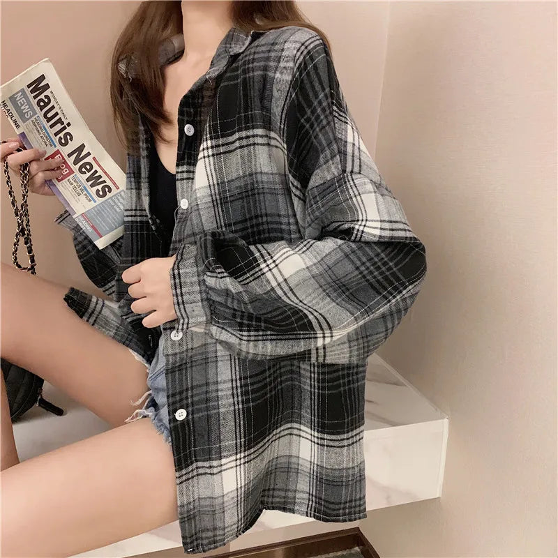 Plaid Shirt Women Spring Long Sleeve Top Female Vintage OL Fashion Single Breasted Blouse Ladies Preppy Style Loose Check Shirts