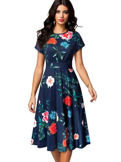 Nice-forever Vintage Elegant Floral Print Pleated Round neck vestidos A-Line Pinup Business Party Women Flare Swing Dress A102