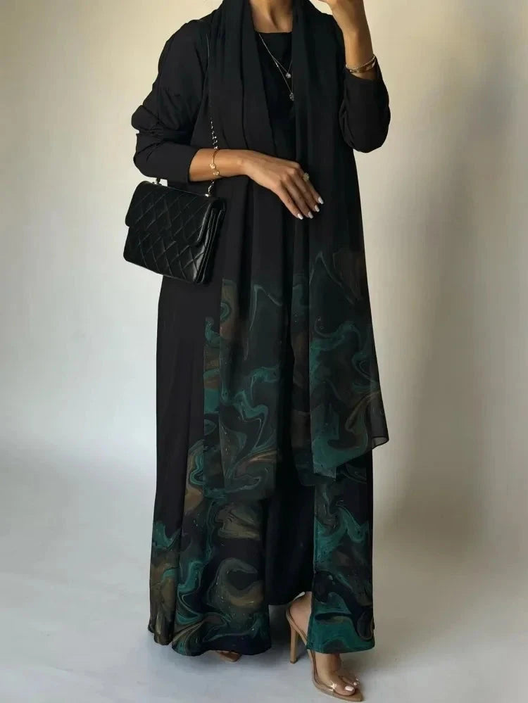 Middle Eastern Loose Open Front Abaya Muslim Women Full Sleeve Printed Abayas Turkey Kaftans Jilbabs Islamic Maxi Dresses - AMULET RING STORE