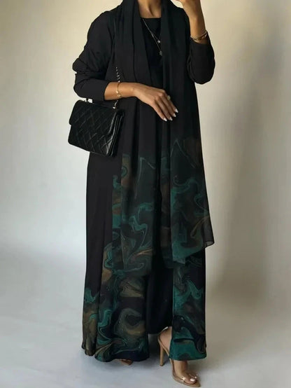Middle Eastern Loose Open Front Abaya Muslim Women Full Sleeve Printed Abayas Turkey Kaftans Jilbabs Islamic Maxi Dresses - AMULET RING STORE